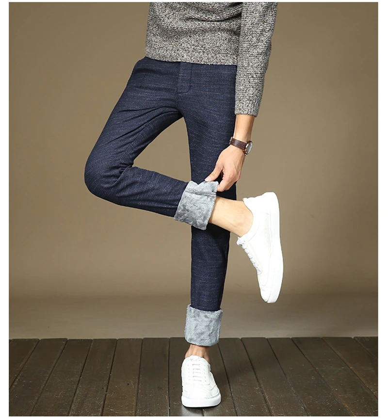 Mens Winter Fleece Warm Pants Men Korean Casual Slacks Slim Warm Thick Pants for Men Fashion Black Gray Blue Trousers Male,688