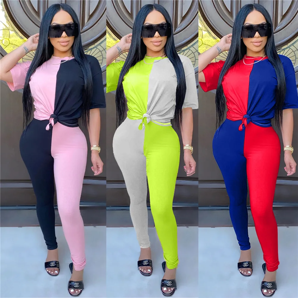 

2 Color Patchwork Print Tracksuits Women Two Piece Set T-shirt Tops And Pants Set Suits Casual Bodycon 2 Piece Set
