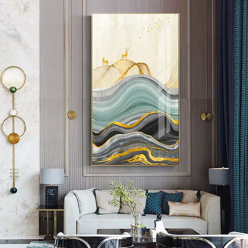 Абстрактная Золотая фольга холст живопись современное золото солнце олень