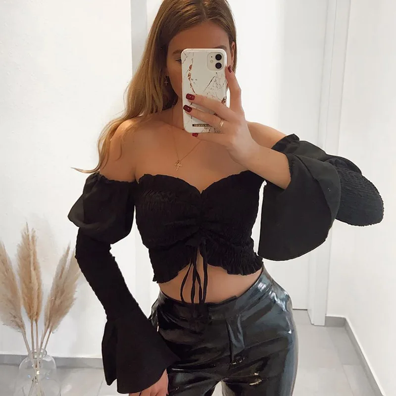 JaneVini 2021 Sexy Summer Blouses Off Shoulder Flare Long Sleeve Women Crop Top Light Blue Drawstring Ruched Casual Solid Shirts