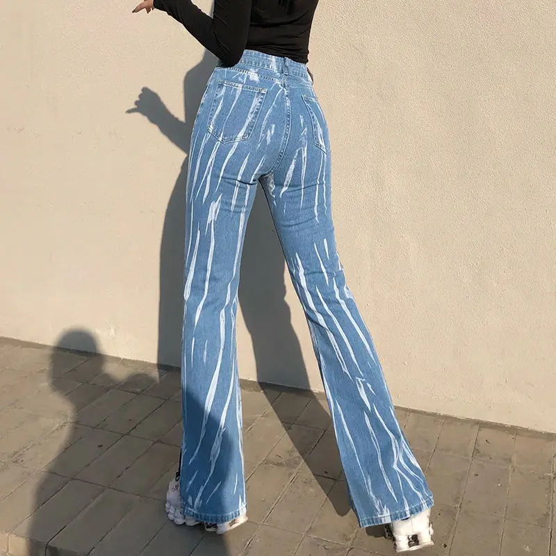 

Blue graffiti print split jeans women loose casual all-match personality fried street pants women spring and autumn models