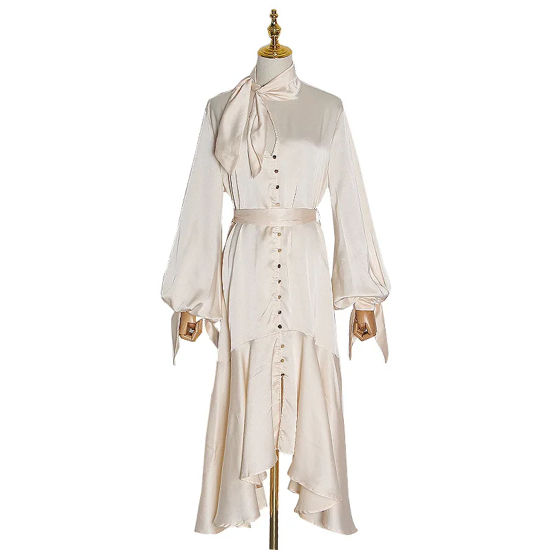 

New Fashion Winter 2020 Elegant Lantern Sleeve Single Breasted Design Lace Up Irregular Dress Solid Color Pleated Dress Aa06