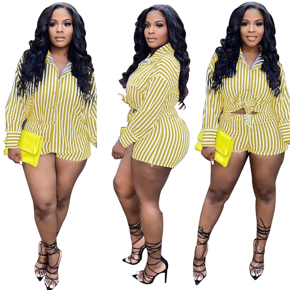 2022 Summer Women Striped Two Piece Set Shirt And Short Pants Tracksuit Streetwear Clothes For Women Outfit