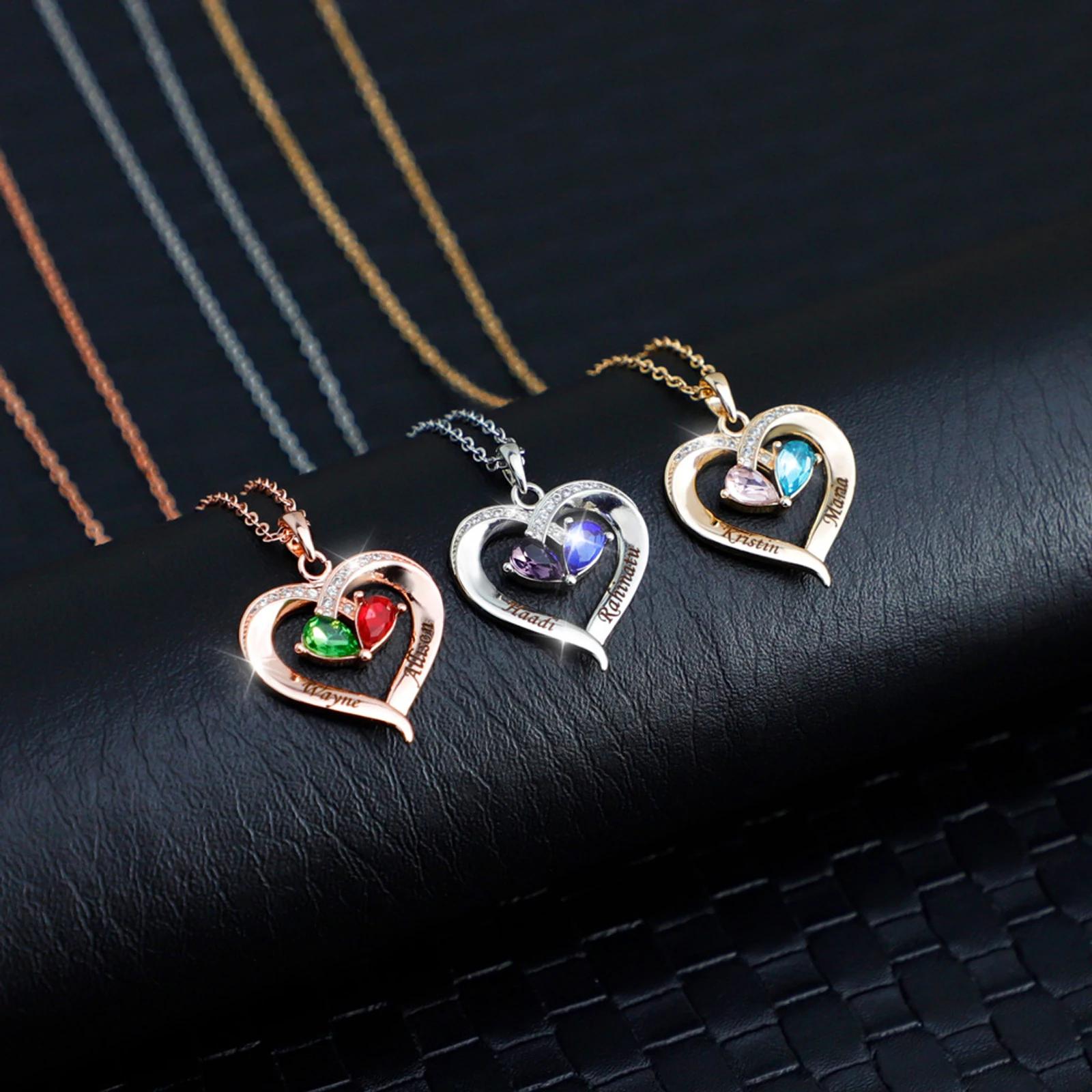 

Personalized Heart Shape Pendant Necklace Custom 2 Name And 2 Birthstone Fashion Promise Anniversary Gifts For Women Jewelry