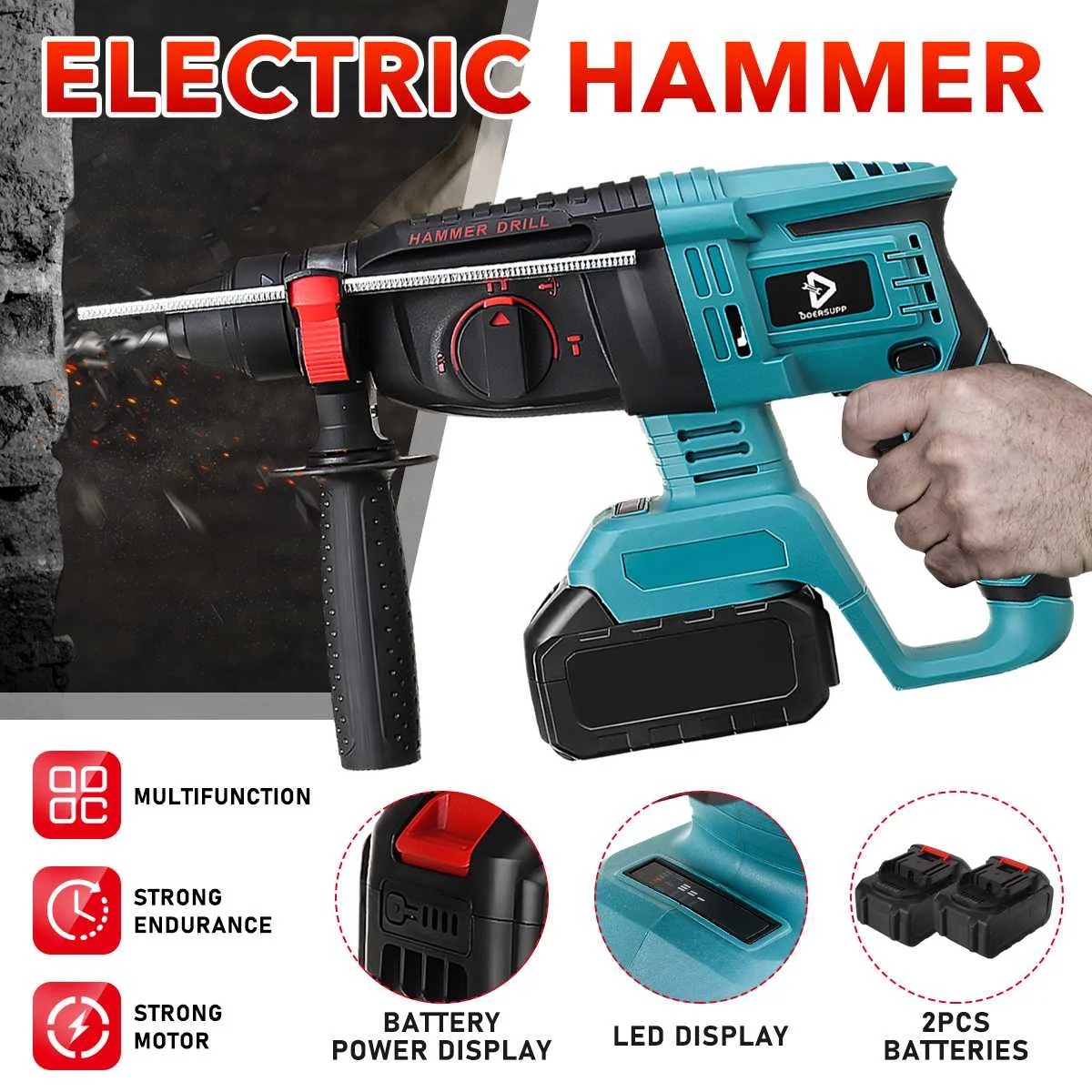 

Brushless Electric Rotary Hammer Rechargeable Multifunction Cordless Hammer Impact Power Drill Tool for Makita Battery 15000mAh