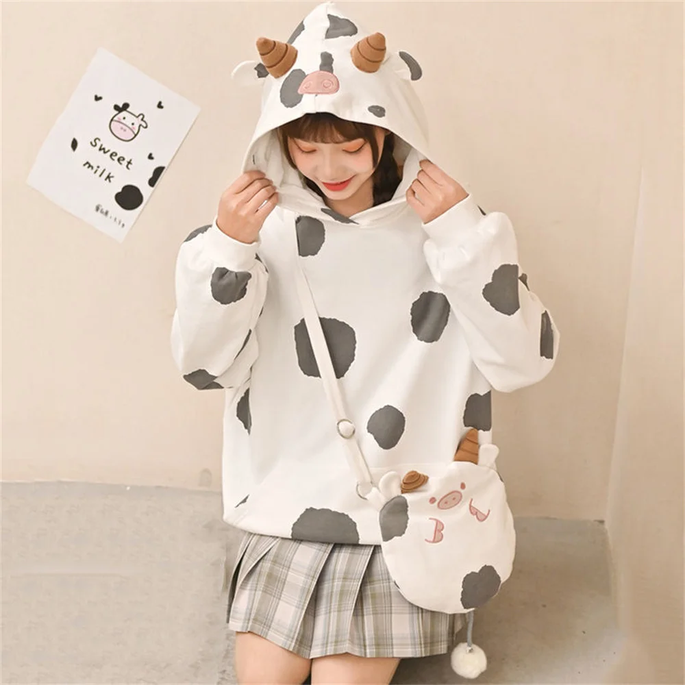 

Kawaii Cow Girl Autumn Fashion Long Sleeve White Hoodie Spring Kangaroo Pocket Pullover Harajuku Female Hoody Outwear Coat