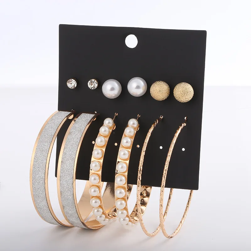 

New Style Female Popular Personality European and American Fashion Retro Simple Pearl Frosted Earrings Earrings Set