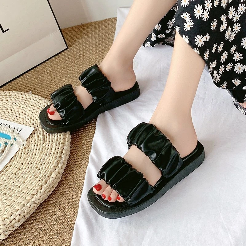 

Women Slippers 2021 Summer Ladies Casual Outdoor Elegant Pleated Strap Slides Platform Sandals Slip On Square Toe Green Slipper