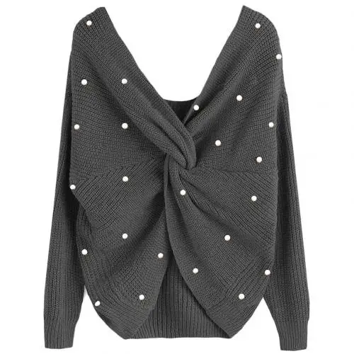 Grey Pull femme женский с открытой спиной искусственный жемчуг бисер витой длинный рукав свитер сплошной цвет джемпер - Цвет: Grey