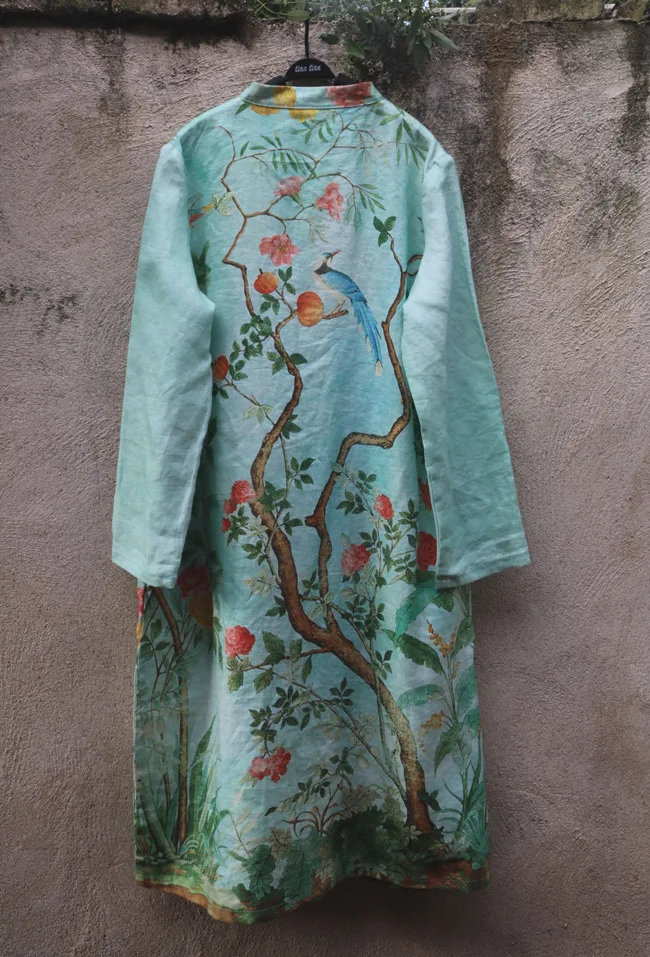 Ретро лягушка пуговицы стоячий воротник цветок дерево птица чистый рами льняное