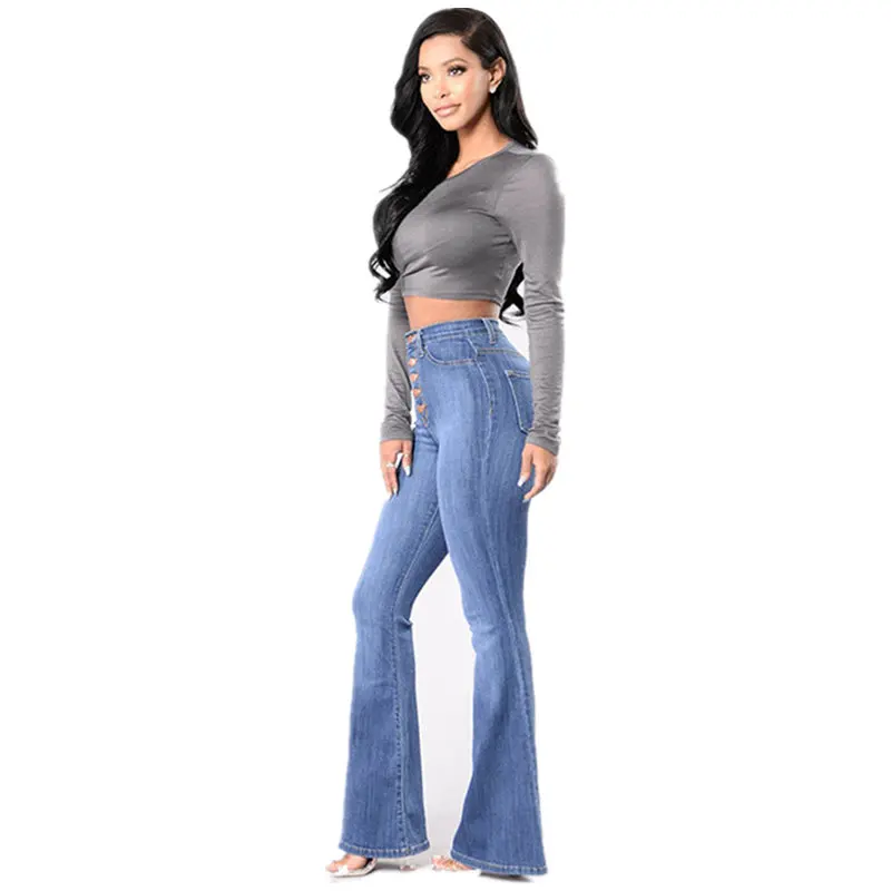 Factory Direct Hot Sale Women Jeans Female High-waisted Pants Washed Denim Sewing Button Wide-Leg |