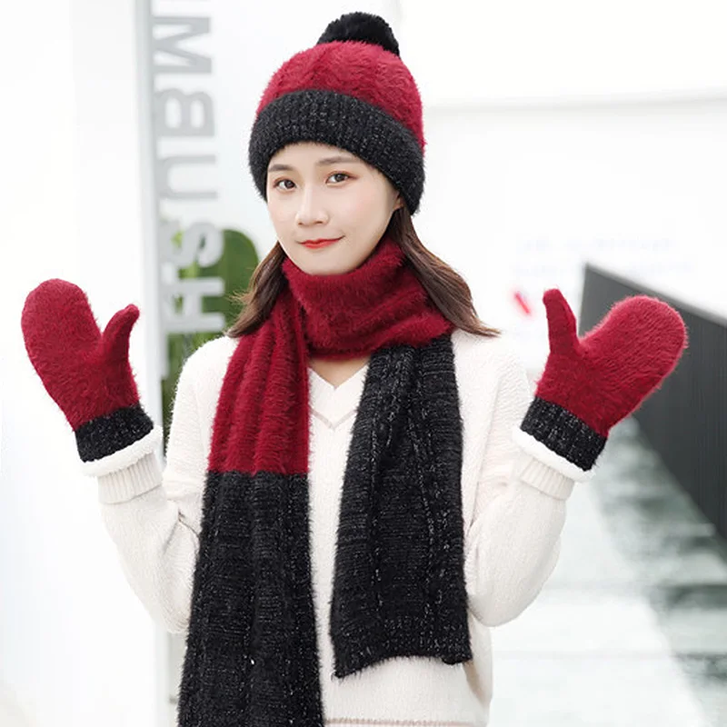 Шарф шапка набор перчаток женские шапочки с помпоном вязаные шапки осень зима