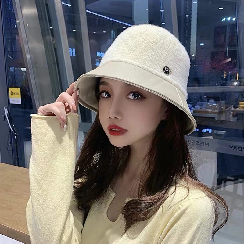 Fisherman hat female autumn and winter wild hat street face-lift small imitation mink warm British basin hat