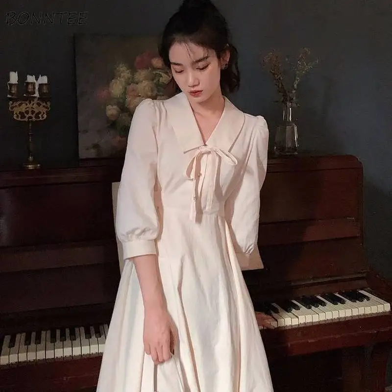 

Dress Women Vintage Ulzzang Vestidos Female Clothing Bow All-match Solid Popular A-Line High Waist Elegant Apricot Tender Daily