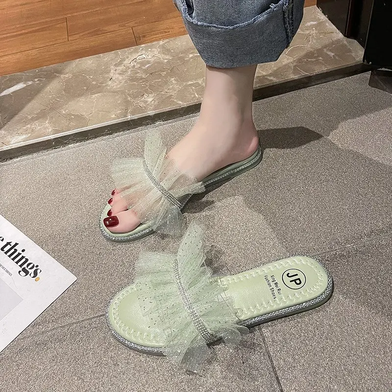 

Shoes Woman 2021 Slippers Flat Luxury Slides Pantofle Lace Shale Female Beach Designer New Sabot Basic Rome PU Shoes Slippers Fl