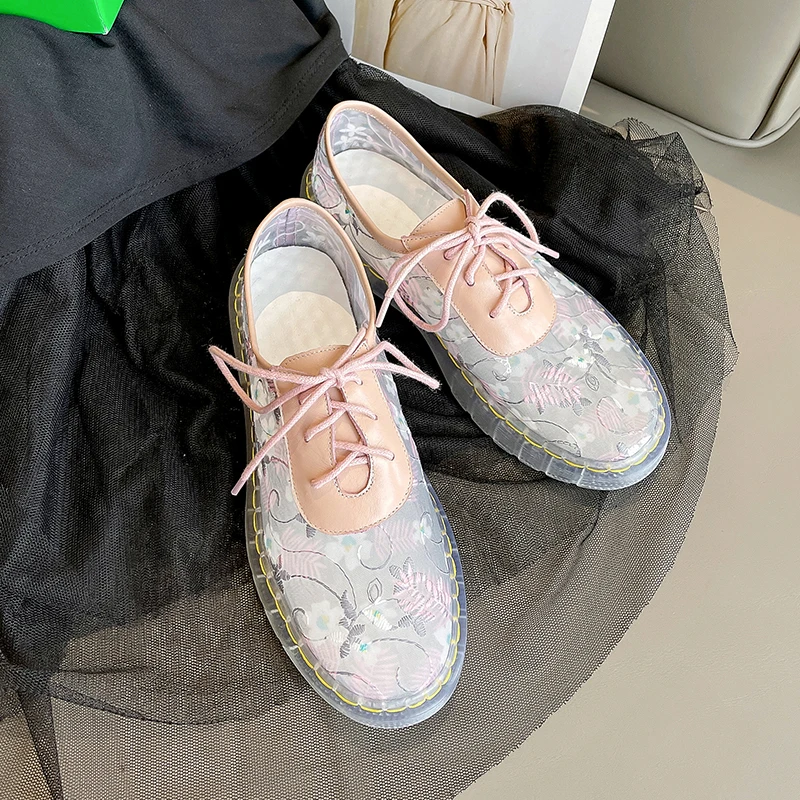

Hjwsfdcai Transparent Flower Pattern Women Single Shoes Lightweight Comfortable Ladies Lace-Up Shoes Round Toe Mujer Tide Shoes