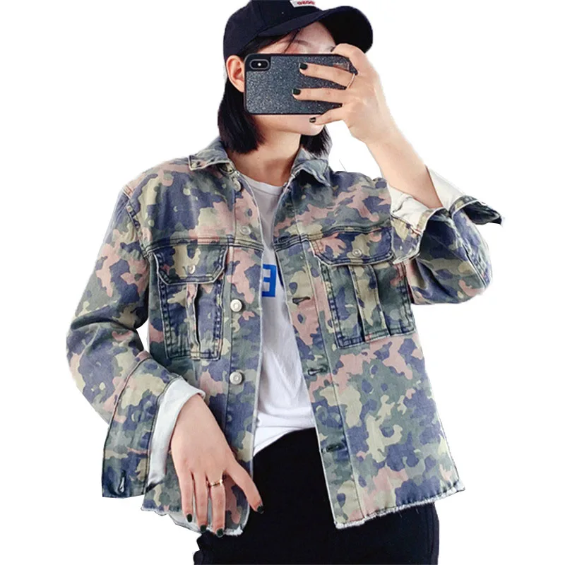 

Fashion Women Camouflage Cowboy Coat New 2020 Spring Autumn Long Sleeve Casual Ladies Outwear Military Style Denim Jacket A1824