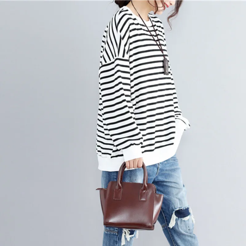 Осенний Полосатый пуловер #1835 свитшот Женская длинная хлопковая свободная