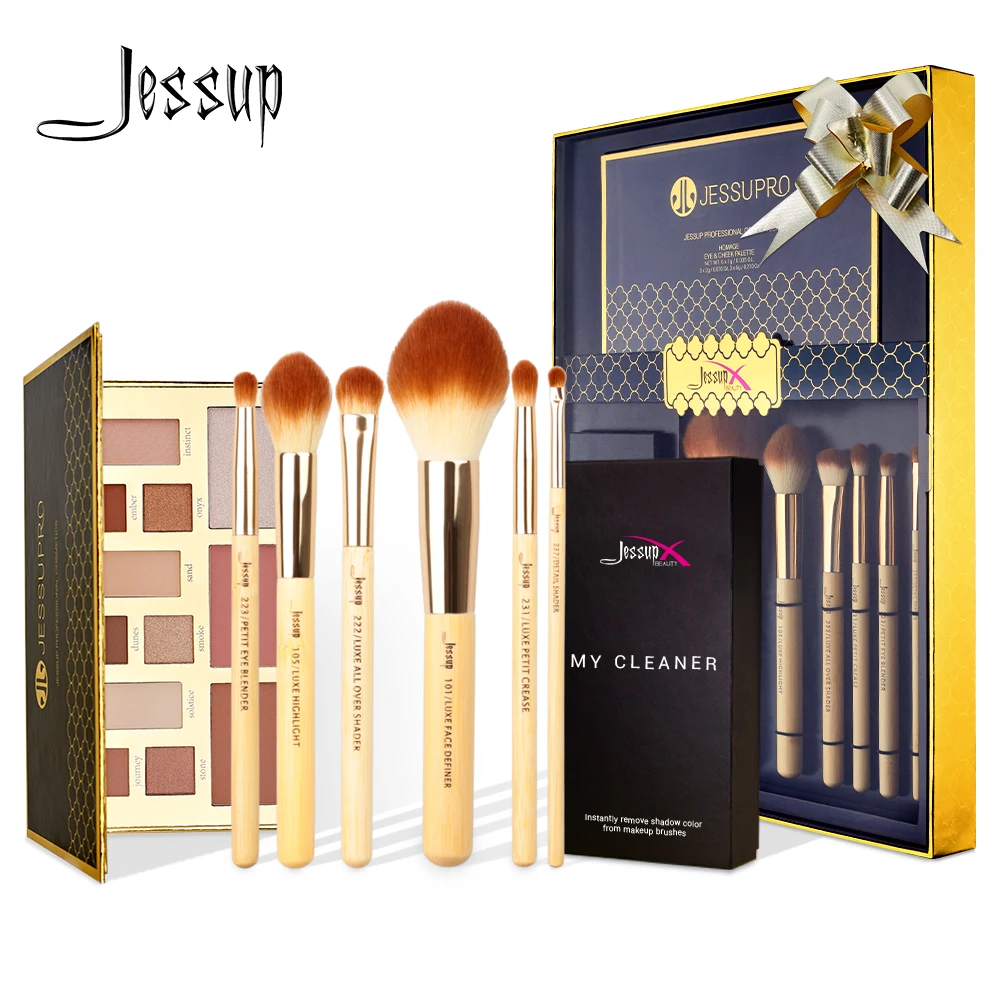 Online Jessup-Juego De Brochas De Maquillaje Profesional, 6 Uds., Bambú, Sombra De Ojos, Resaltador De Polvo, Cepillo Limpiador, Esponja Y Paleta De Sombra De Ojos De 12 Colores
