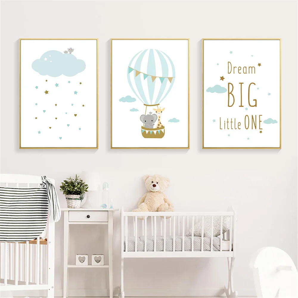 

Abstract Elephant Giraffe Hot Air Balloon Poster Cloud Star Art Print Quotes Canvas Painting Nordic Picture Baby Kids Room Decor