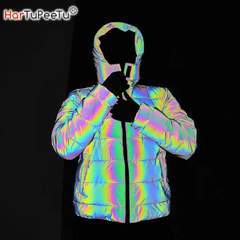 Dropshipping Winter Men Night Safe Reflective Jackets Coats Thicken Warm Light Reflect Overcoat Snow Parka Male Female Clothing