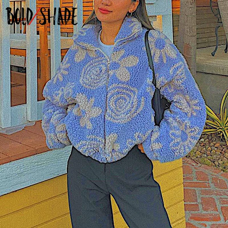 

Bold Shade Floral Printing Zipper Oversized Fluffy Jackets Grunge 90s Style Turn-down Collar Thick Coat Indie Streetwear Outwear