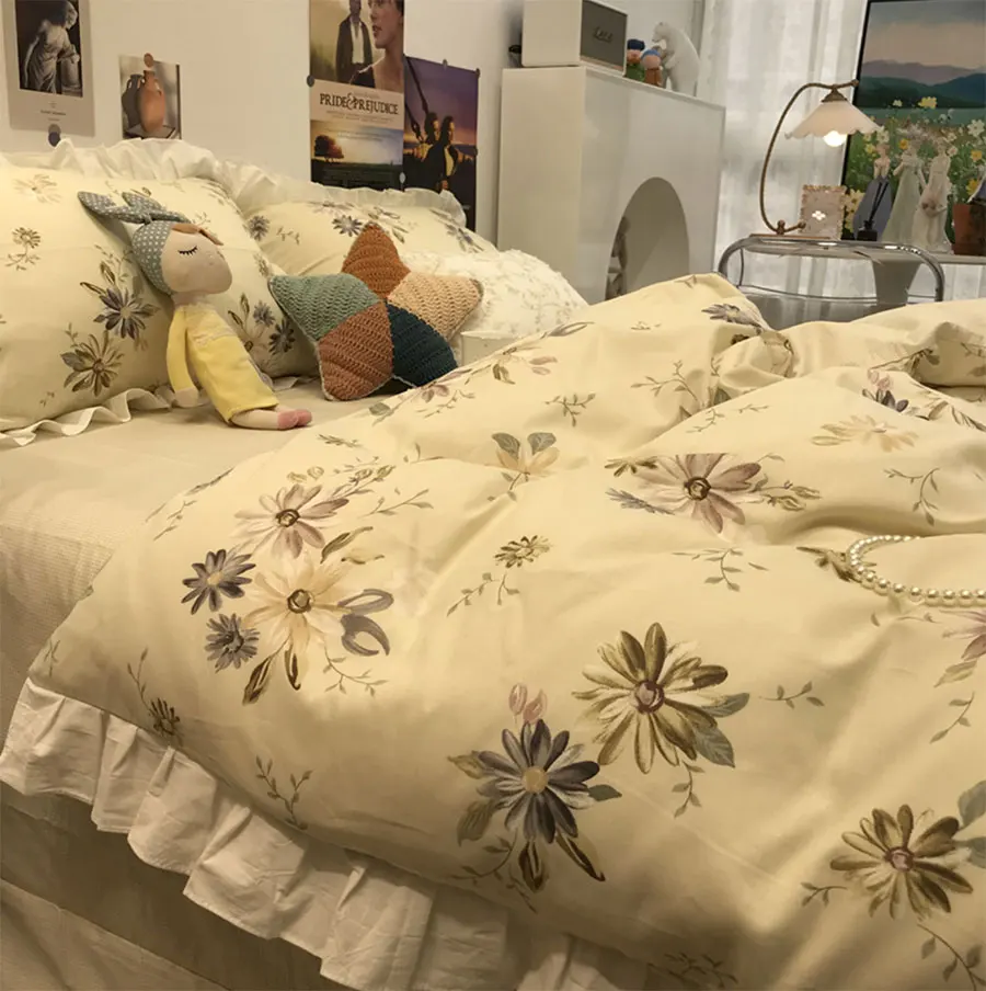 

European pastoral flower bedding set girl,comfortable cotton twin full queen King home textile bed sheet pillow case quilt cover