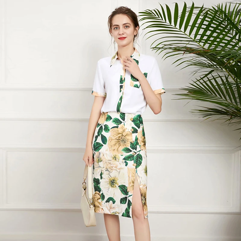 

Summer New Women Sets Short Sleeve Single Breasted Shirt Tops And Flower Print Pencil Skirt Fashion Casual Two-Piece Suit