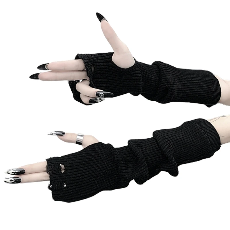 

Women Gothic Punk Ribbed Knit Black Fingerless Gloves Harajuku Ripped Hole Elbow Length Mittens Anime Cosplay Arm Warmer G5AE