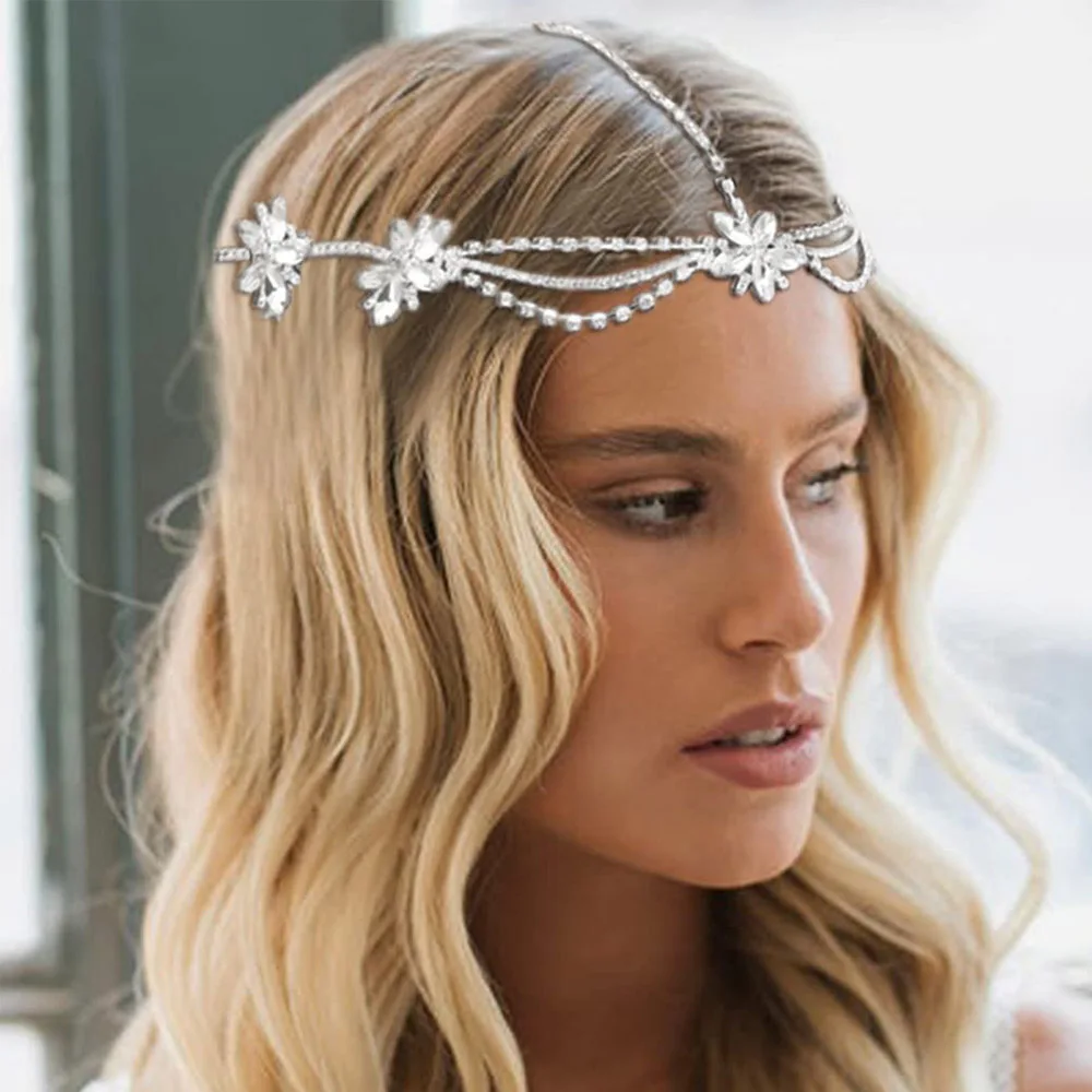 Stonefans Flower Shape Rhinestone Head Chain Bride Forehead Headband Tiara Wedding Hair Chain Bohemia Bridal Headwear Jewelry