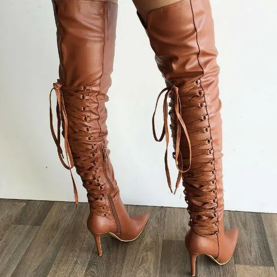 

Solid color sexy fashion back cross strap pointed high top boots winter boots