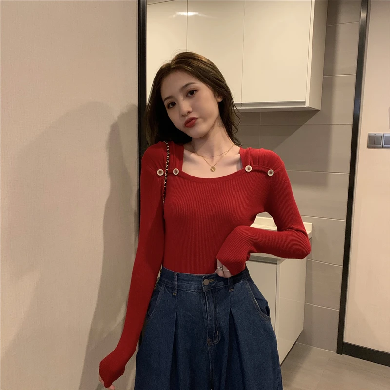 

Lucyever Fashion Button Women Sweater Square Collar Pullover Knit Basic Top Slim Korean Autumn Basic Thin Top Dropshipping 2021