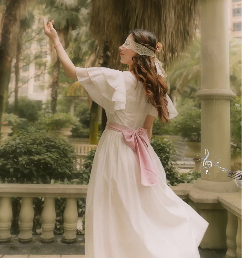 

Летнее белое платье феи французский Стиль в винтажном стиле; С кружевом и рукавами-крылышками для девочек, блуза с прямоугольным воротником...