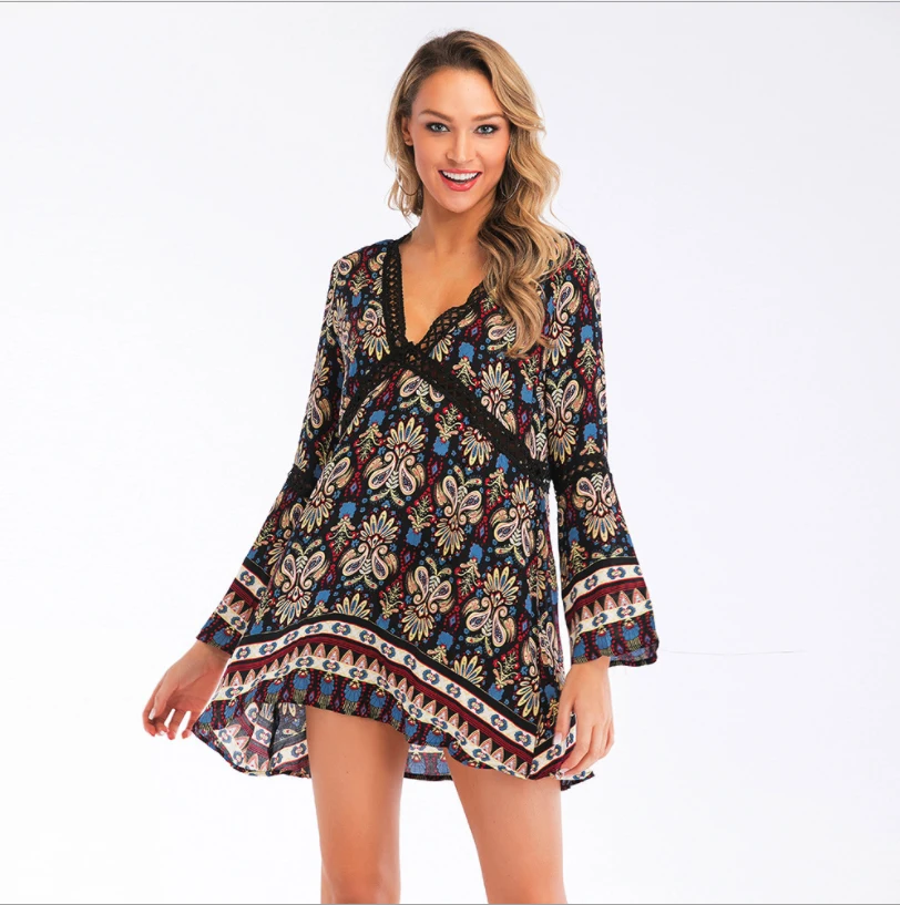 Летние женские платья новое платье с V-образным вырезом и рукавами-пагоды