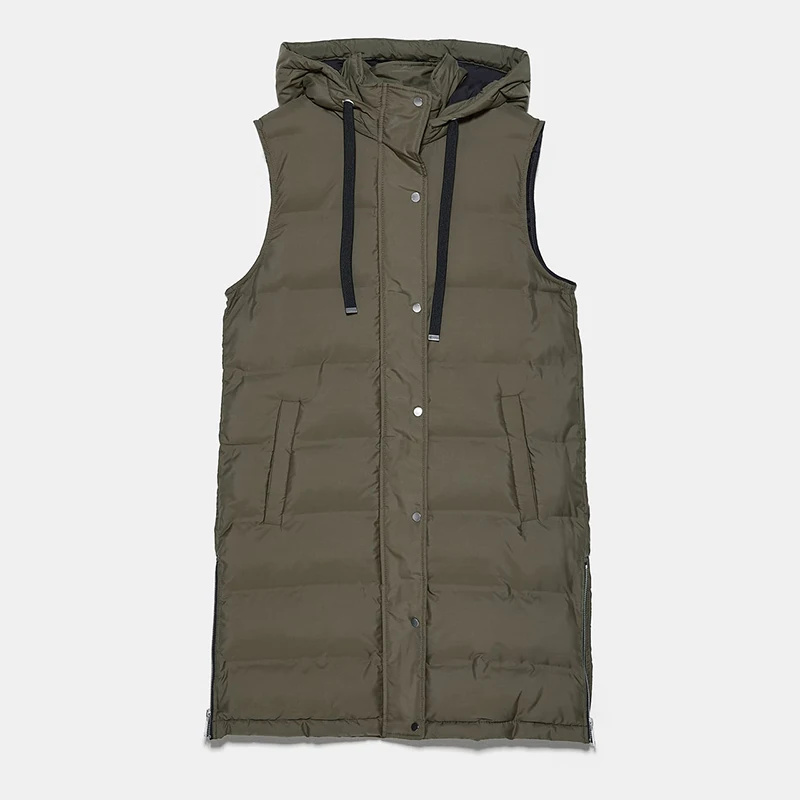 Autumn and Winter ZA New Fashion Cotton Vest Women Collar Hooded Zipper Pocket Sleeveless Casual Loose Warm Cotton Vest Coat