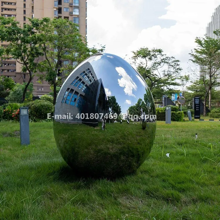 Escultura de huevo ovalada de acero inoxidable, decoraci&oacute;n cuadrada de jard&iacute;n, adornos de metal, escultura de bola de espejo de acero inoxidable-4