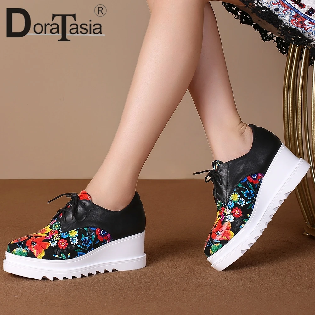 

DORATASIA Brand New Ladies Genuine Leather Flats Fashion Print Flat Platform Flats Women 2020 Casual Comfy shoelace Shoes Woman