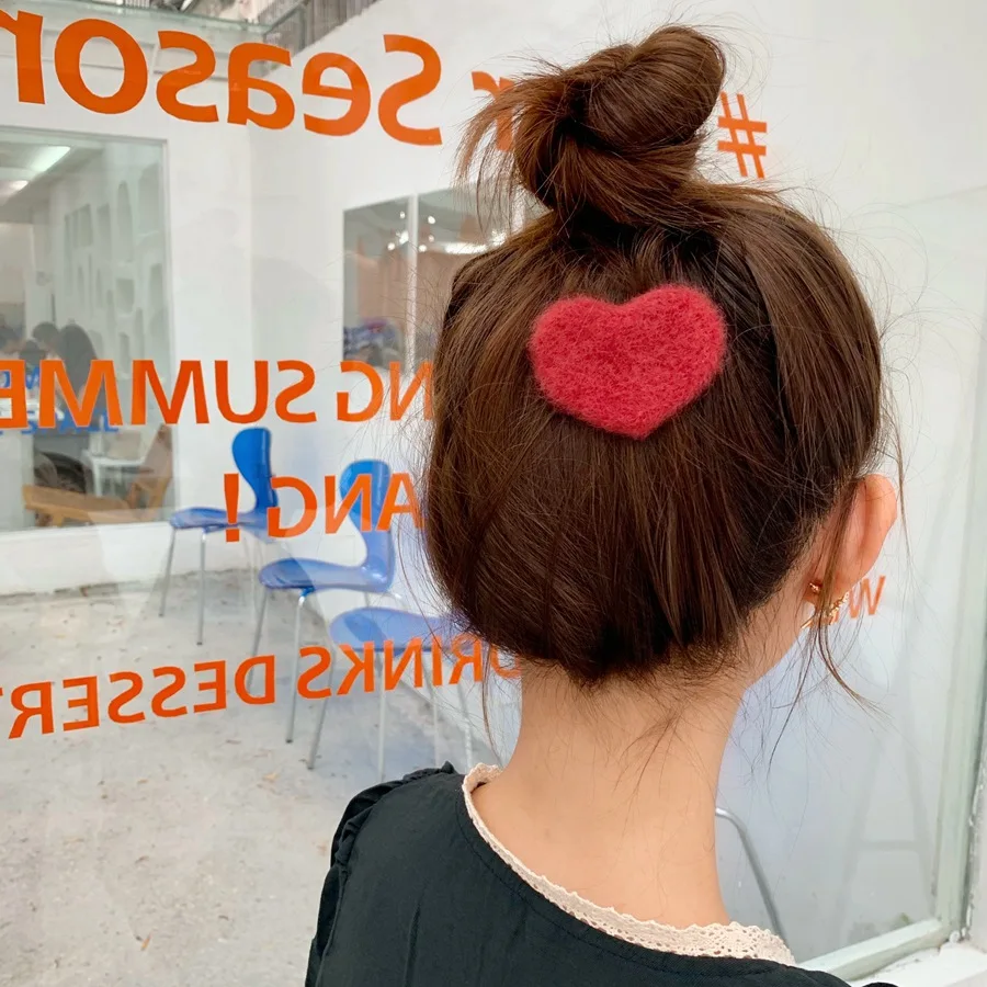 

New Korean Women Sweet Fluff Hair Clips Heart Shape Hairpins Side Clips for Women Girls Candy Color Headdress Hair Accessories