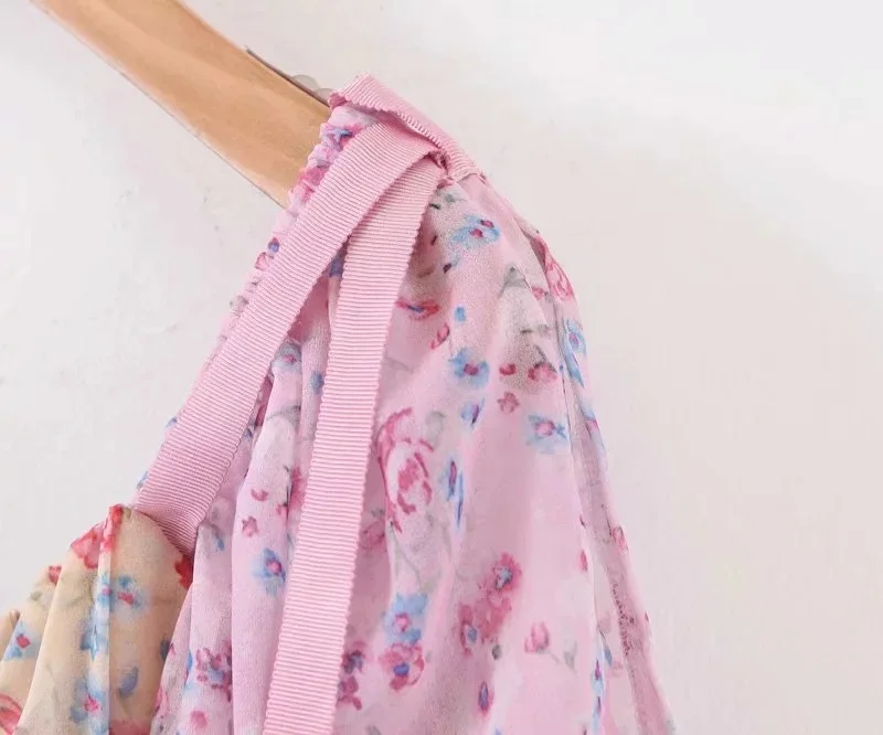 Bohemian Dress Women Color Matching Print Fairy Beach Maxi Dress Short Sleeve French Romantic Floral Holiday Elegant Long Dress
