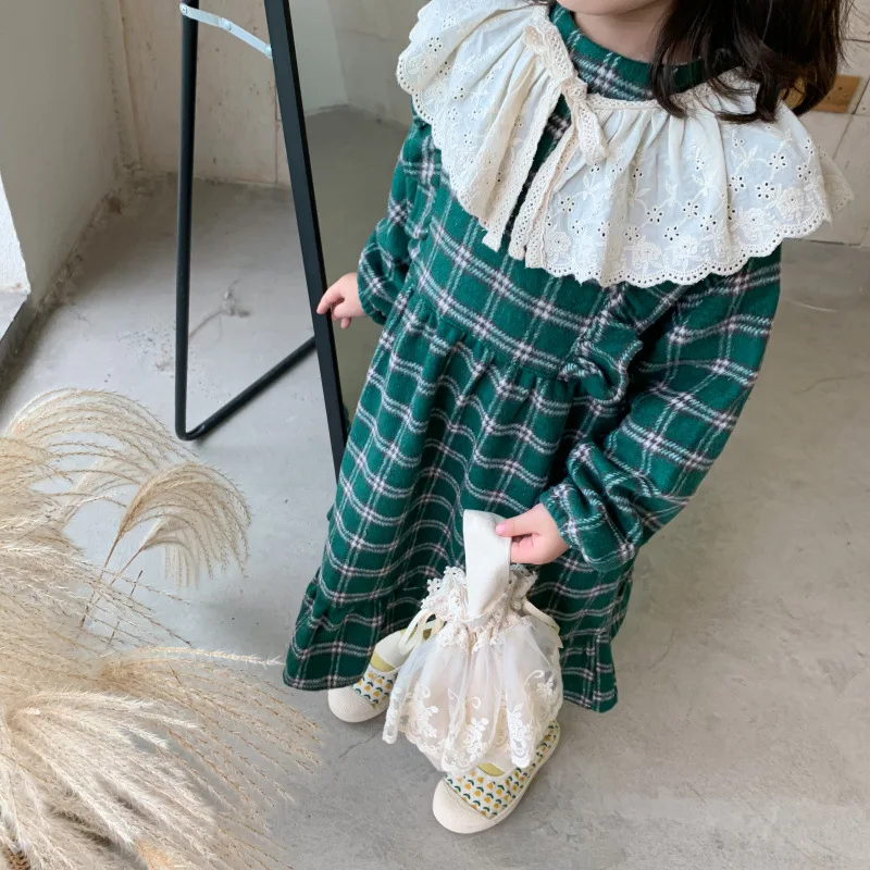 

kids dress baby girls clothes Green plaid pattern autumn and winter plus velvet warm long-sleeved dress