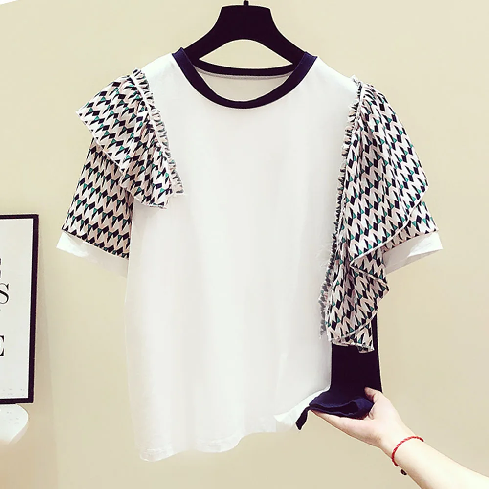 Женская Асимметричная футболка Повседневная Корейская с круглым вырезом и