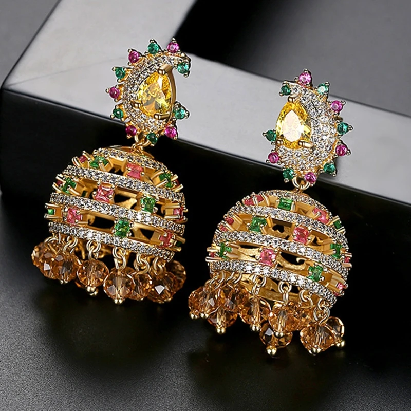 

1 Pair Luxury Crystal Retro Ethnic Indian Zircon Bell Drop Beads Tassel Dangler Earrings Vintage Women Bridal Jewelry