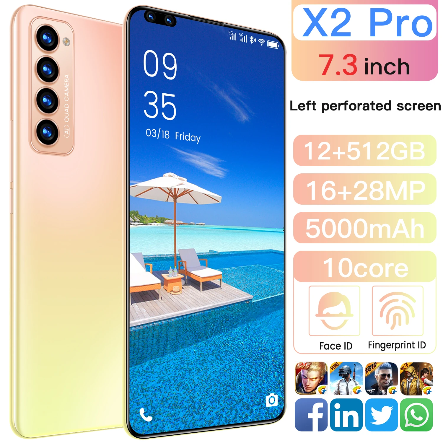 

2021 New X2Pro Smartphone 7.3inch Android 10 16+28MP HD Camera Face Wake 12GB+512GB 5000mah Global Version 4G 5G Network Phone