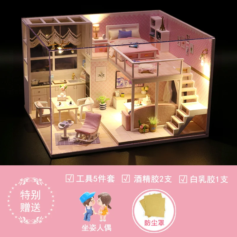 

Bed Sofa Doll House Assembly Furniture Set Kitchen Luxury DIY Wooden Fairy Doll House Bedroom Domek Dla Lalek Kids Toys DG50DH