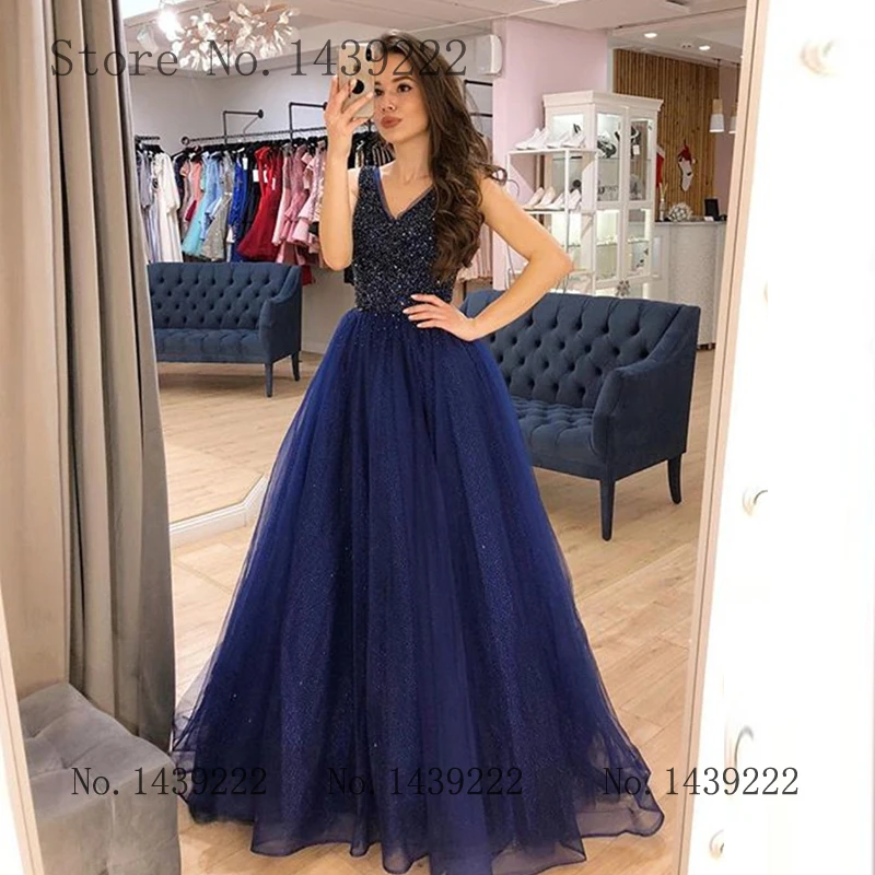 Темно синее шикарное вечернее платье с бусинами для выпускного вечера