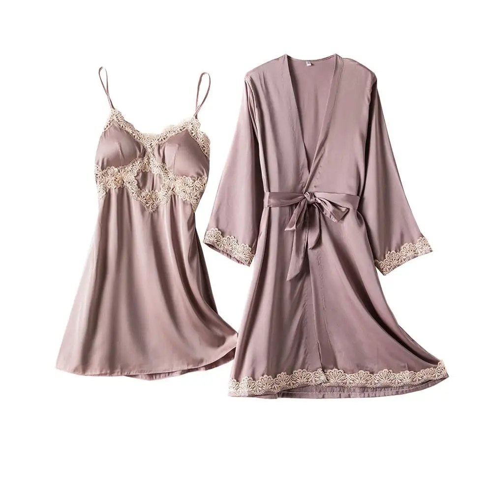 

2020 Women Robe Gown 2Pcs Sets Satin Pajamas Embroidery Ladies Sexy Home Wear Night Dress with Chest Pads