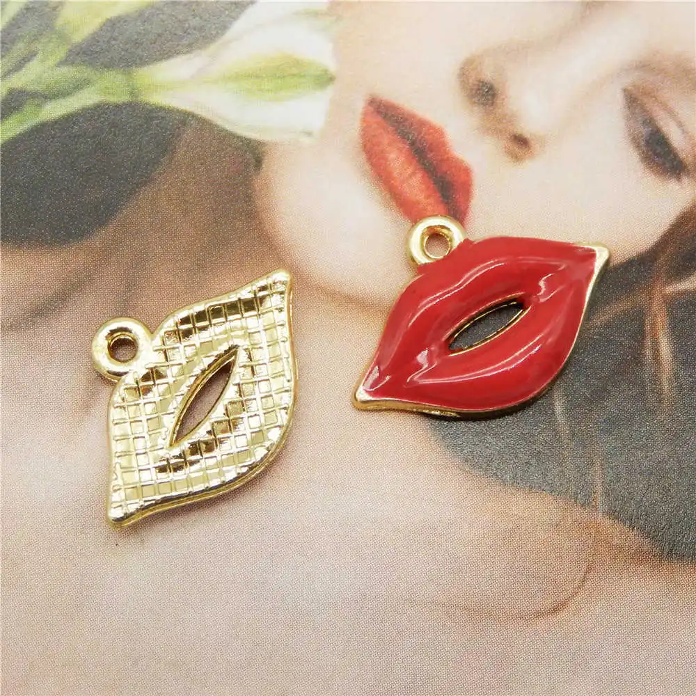 

Julie Wang 10PCS Enamel Red Lip Charms Sex Mouth Alloy Golden Tone For Necklace Pendant Findings DIY Jewelry Making Accessory