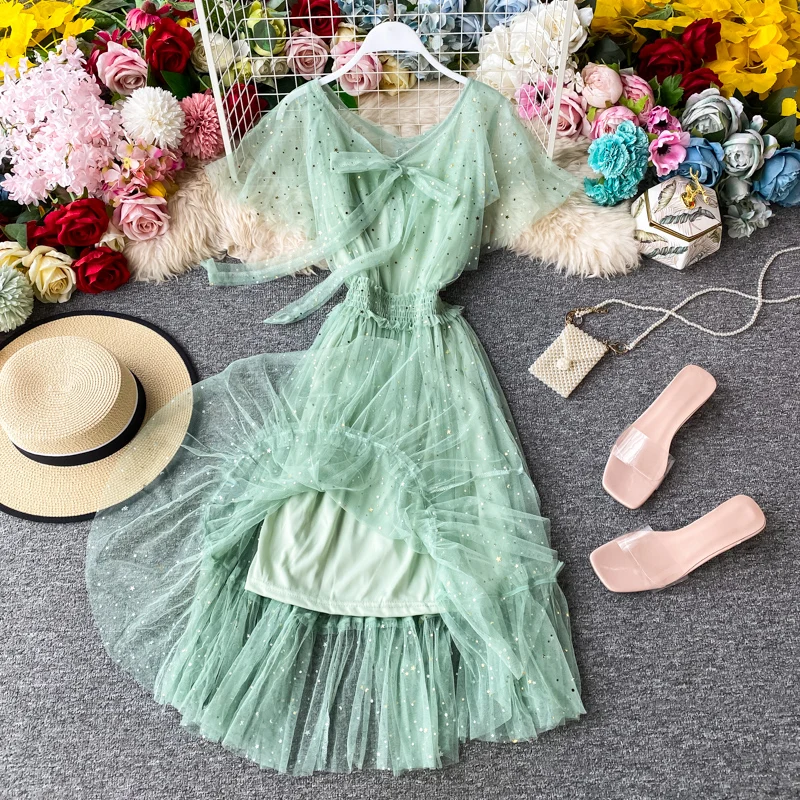 

YIZZHOY New Summer Women Elegant Casual Ruffled Bow Midi Dress Vintage Female Lace Patchwork Sequined Dress Beach Mesh Dress