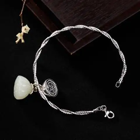 

S925 Sterling Silver Bracelet Natural Hetian Jade Lotus Seedpod Bracelet Archaic Personality Simple Real Silver Real Jade Ancien