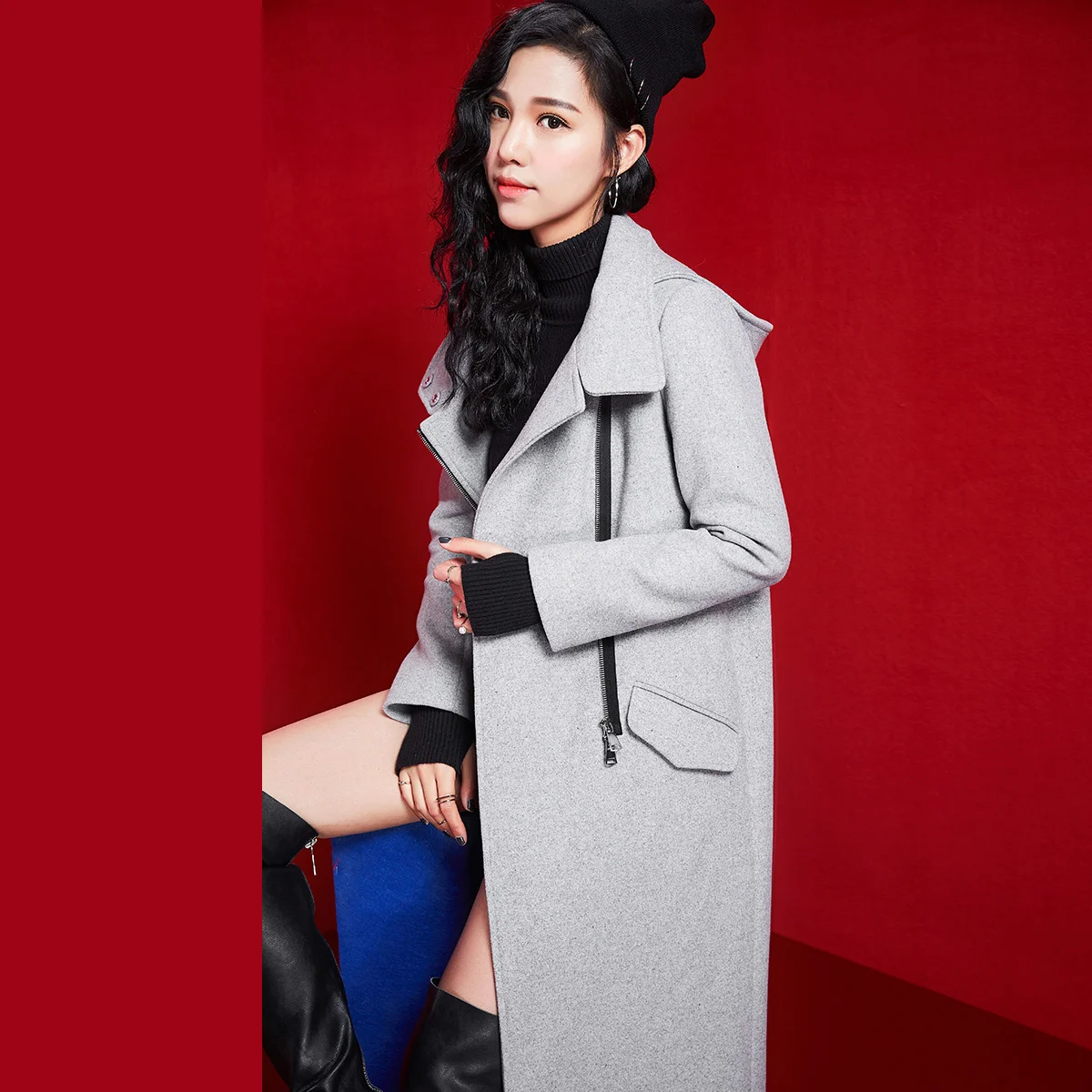 Женское длинное шерстяное пальто свободное теплое на молнии с капюшоном верхняя